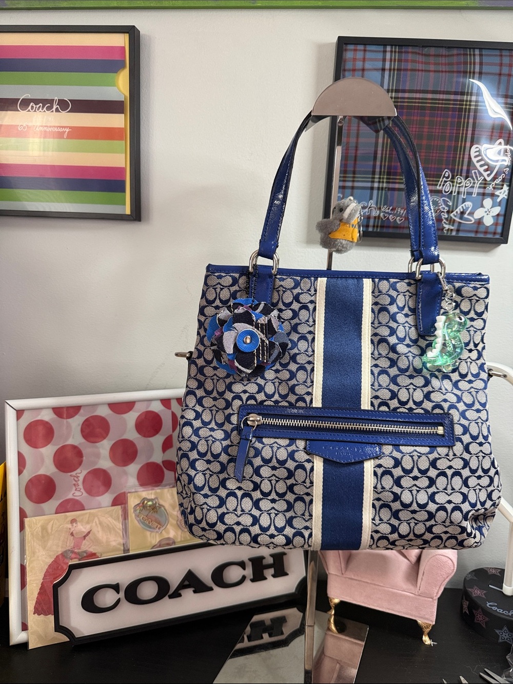 Coach Blue and Cream Signature Stripe Tote with Floral Charm